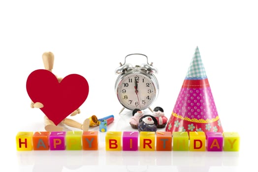 happy bithday candles with red heart hat en clock