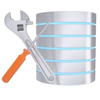 Screwdriver, wrench and database. Isolated render on a white background