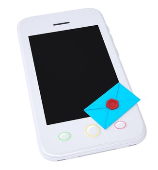 Blue envelope and smartphone. Isolated render on a white background