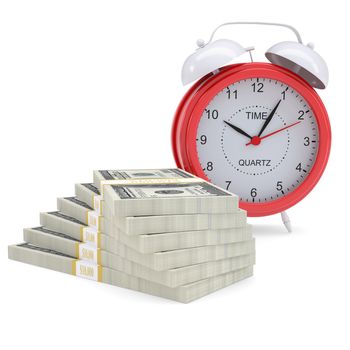 Stacks of dollars and a red alarm. Isolated render on a white background