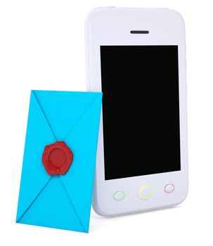 Blue envelope and smartphone. Isolated render on a white background