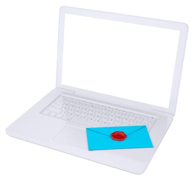 Blue envelope and a laptop. Isolated render on a white background