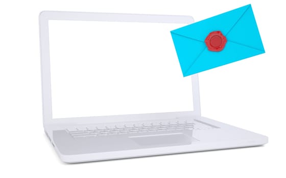 Blue envelope and a laptop. Isolated render on a white background