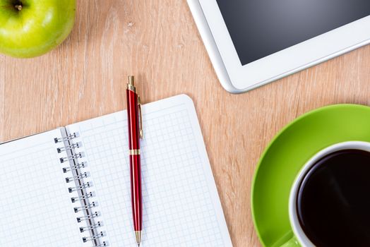 pen, coffee, notepad and tablet, workplace businessman