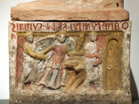 Ancient etruscan art. Painted terracotta cinerary urn 2nd century B.C.