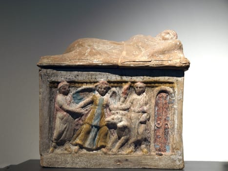 Ancient etruscan art. Painted terracotta cinerary urn 2nd century B.C.