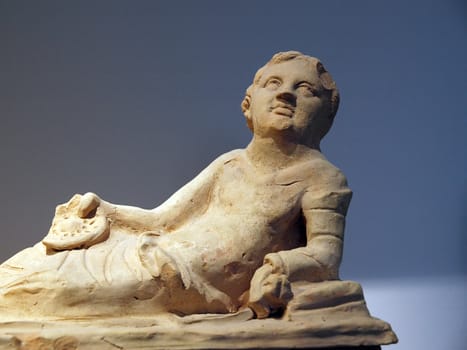 Ancient etruscan art. Painted terracotta cinerary urn 