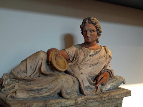 Ancient etruscan art. Painted terracotta cinerary urn 