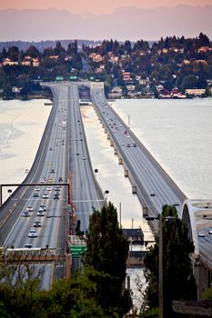 I-90 Bridge Sunset Seattle Mercer Island Highway Cars Mountains Washington State Pacific Northwest