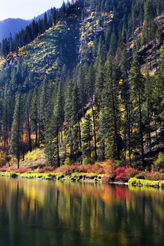 Fall Colors Reflections Yellow Trees Mountain Wenatchee River Leavenworth Washington, October 10, 2008