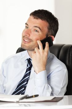 happy businessman on the phone in office