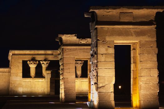 "Night image of the Egyptian Temple of Deboh in Madrid"