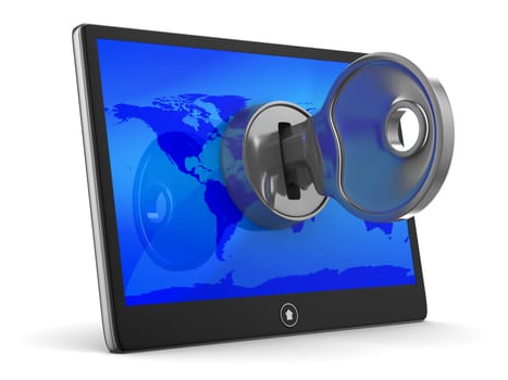 tablet with key on white background. Isolated 3D image