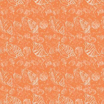 Seamless background, marine seashells and starfishes, white contour on orange background.
