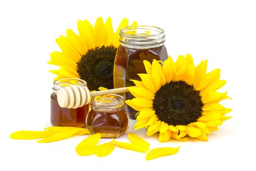 honey and sunflowers on white background