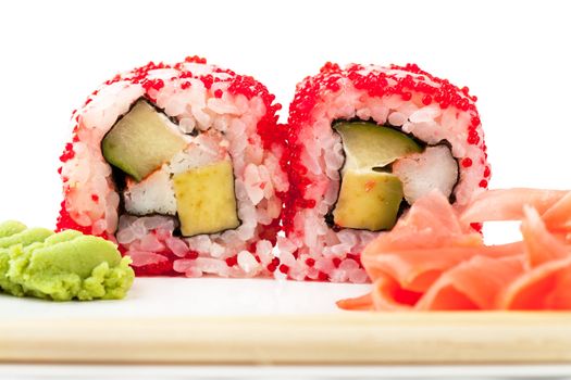 Close up top view of sushi over white background