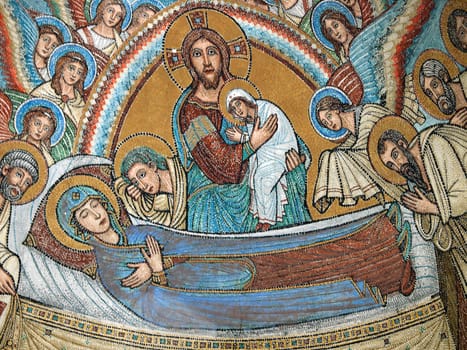 Chiusi - The Romanesque Cathedral (Duomo) of San Secondiano, built around 560 AD over a pre-existing basilica, and renovated in the 13th century. Mosaic with scenes from the life of Virgin Mary