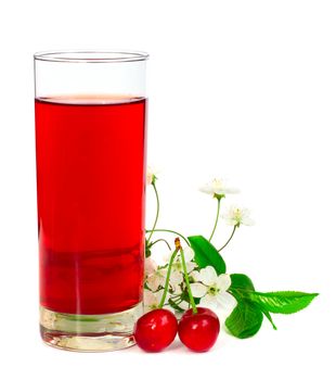 Juice with fresh cherries leafs and flowers isolated on white background