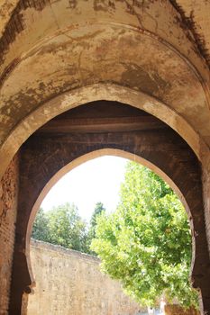 Beautiful view on ancient buildings and gardens of Alhambra