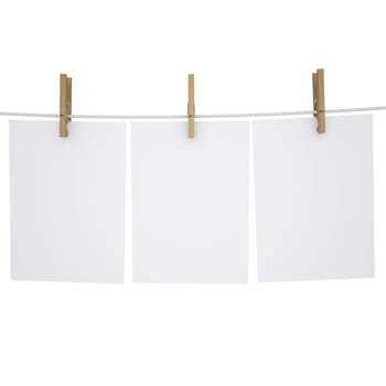 Paper on a rope with clothespins. Isolated render on a white background
