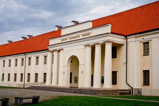 Pink classical-style building in Vilnius

