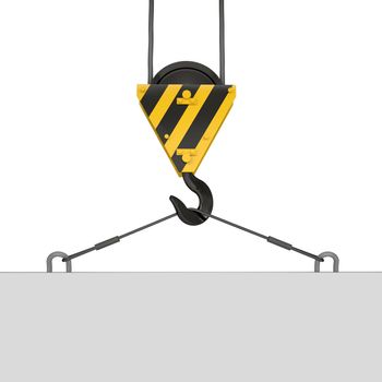 Crane hook lifts the white plate. Isolated render on a white background