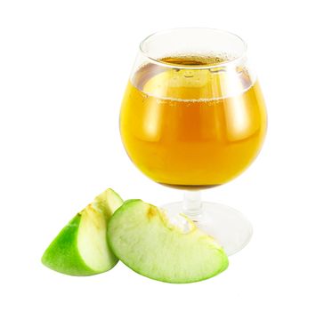 Apple juice with two apple pieces isolated on white