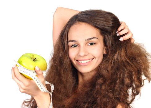 Woman with apple and measuring tape diet concept isolated on white