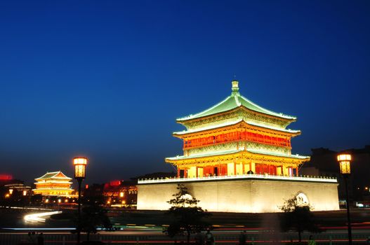 Night view of the famous landmark of Bell Tower in Xian, China