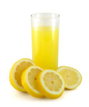 Juice with cut lemon isolated on white background