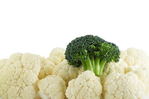 Cauliflower and one broccoli with white copyspace