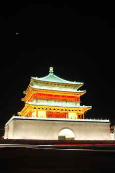 Night view of the famous landmark of Bell Tower in Xian, China