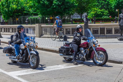 Two motorcycles waiting for the traffic light to turn on, Ontario, Canada