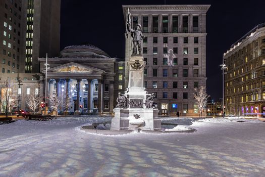  Maisonneuve Monument, founder of Montreal, at Place d'Armes in Old Montreal in Quebec, Canada