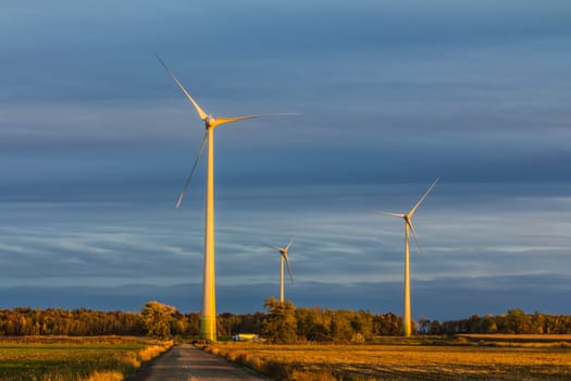 Wind turbine in a field in the evening, producing wind, Canada