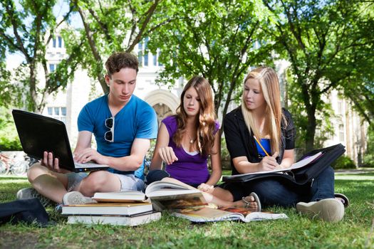 Group of college students studying together on campus ground