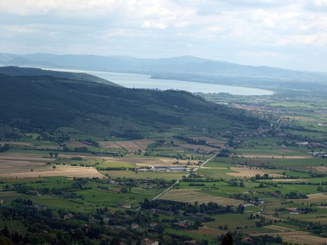 View of the olive groves and plains around Cortona. Umbria