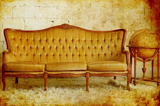 Vintage furniture sofa with old globe, photo in old image style