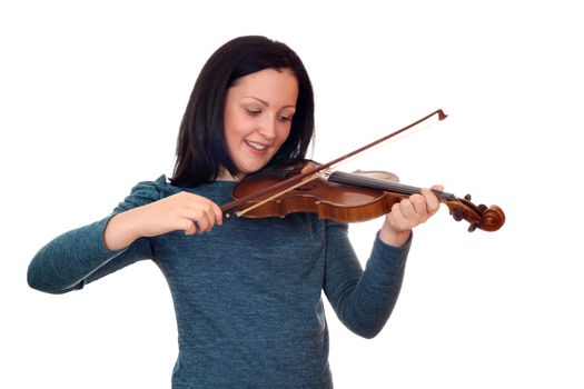 teenage girl play violin on white 