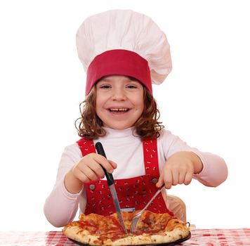 happy little girl cook eat pizza