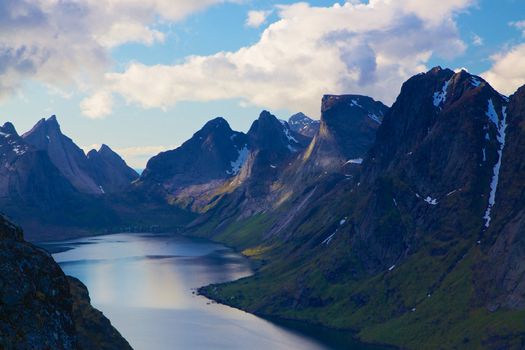 Aerial view of deep dark fjord on Lofoten islands in Norway