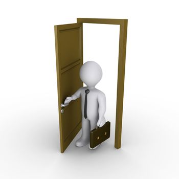 3d businessman is opening a door and walking through