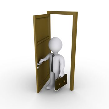 3d businessman is opening a door and walking through