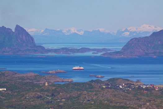 Picturesque norwegian coast panorama on Lofoten islands near town of Svolvaer