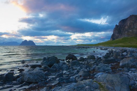 Rocky norwegian shores on Lofoten islands in summer