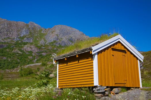 Picturesque yellow shed with green roof on Lofoten islands in Norway