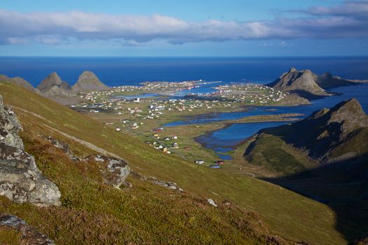Scenic fishing port of Sorland on Lofoten islands in Norway during sunny summer day