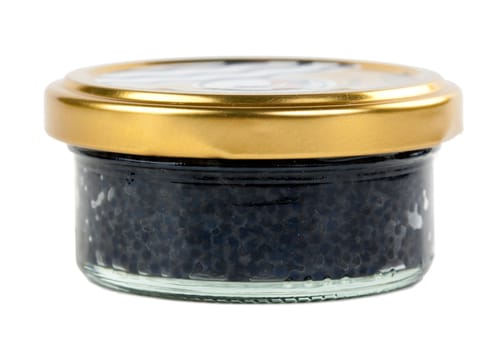 Bank of caviar on white background