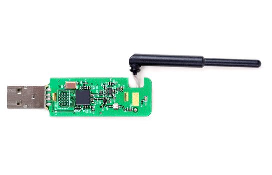 Green card (chip) with a bluetooth antenna isolate on white