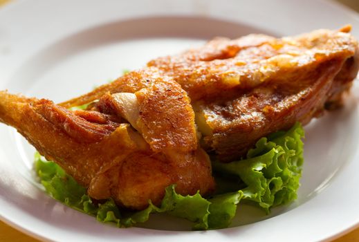 fried chicken on a plate with lettuce